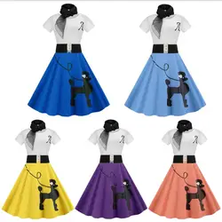 50S 60s vintage poodle dresses with scarf women pinup vestidos summer puppy retro rockabilly dresses hippie retro costume