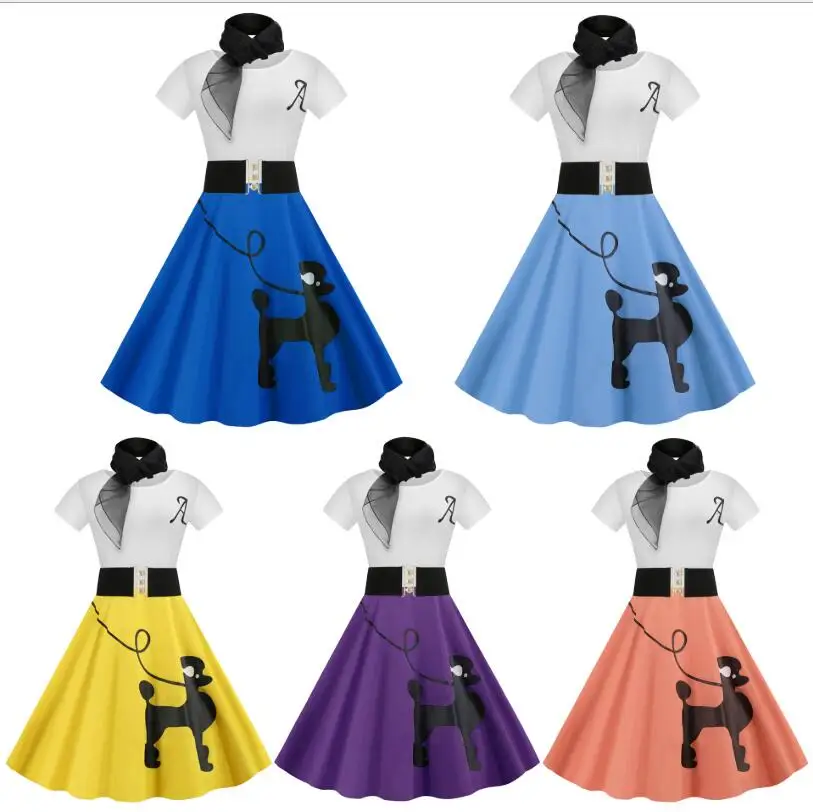 50S 60s vintage pudel sukienki z szalikiem kobiety pinup vestidos lato puppy retro sukienki rockabilly hippie retro kostium