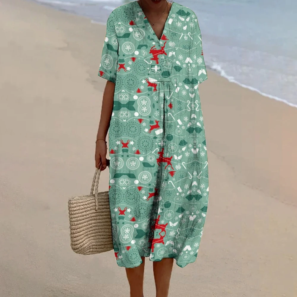 Women's Christmas Deer Printed Bean Green V-Neck Casual Longuette Long Skirt Half Sleeves Dresses Oversize Summer Resort Frocks