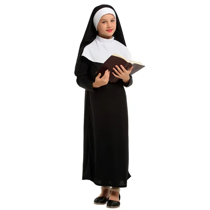2026 Girls Christian Catholic Religion Missionary Nun Black Costume Child Halloween Book Week Purim Party Fantasy Fancy Dress