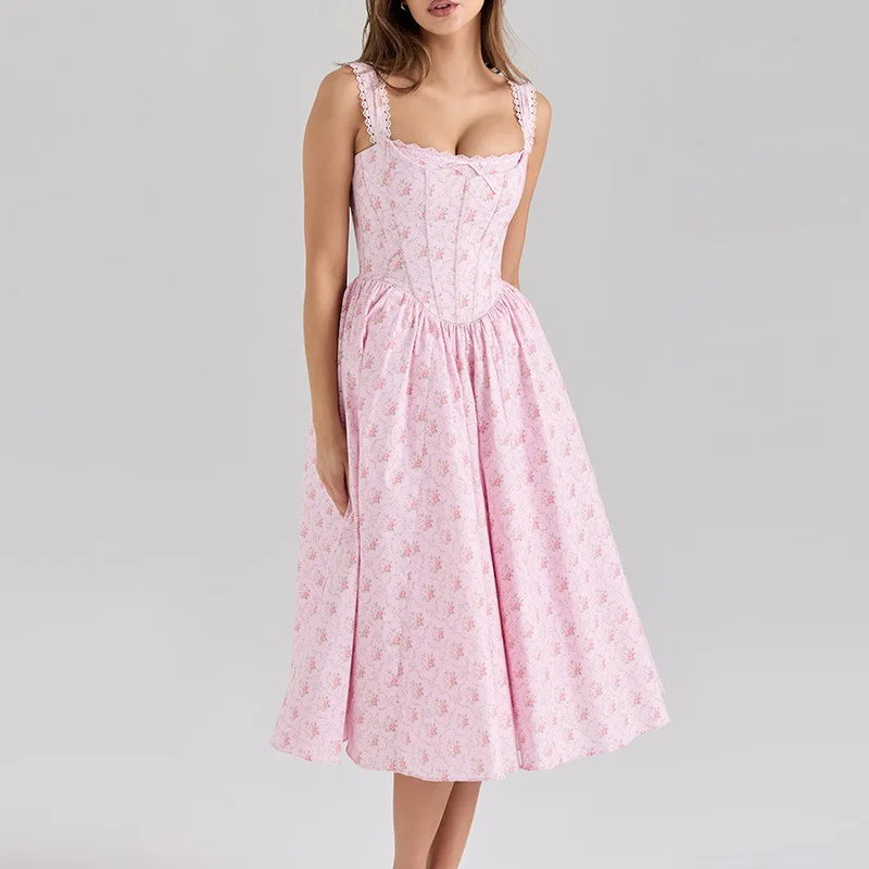 

French Retro Floral Fishbone Waist Stitching Design Sense Drawstring Lace-up Skirt Spring/summer 2025 Women's Printed Dress