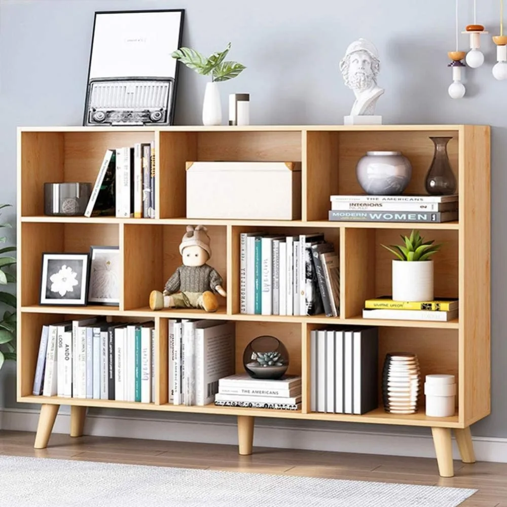 

Wooden Open Shelf Bookcase - 3-Tier Floor Standing Display Cabinet Rack with Legs, 10 Cubes Bookshelf, Pear Yellow