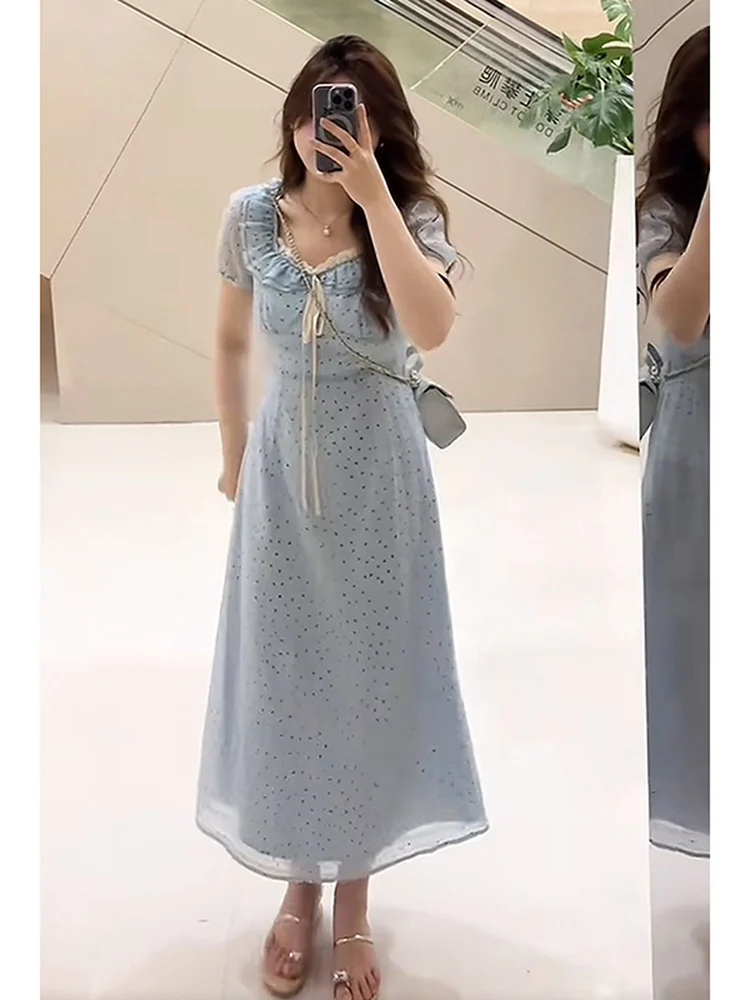 

Мягкий Sle в горошек больших размеров Dr с высокой талией ort Sve Женская одежда Повседневная трапециевидная длинная одежда Dr Conceal Meat Slim