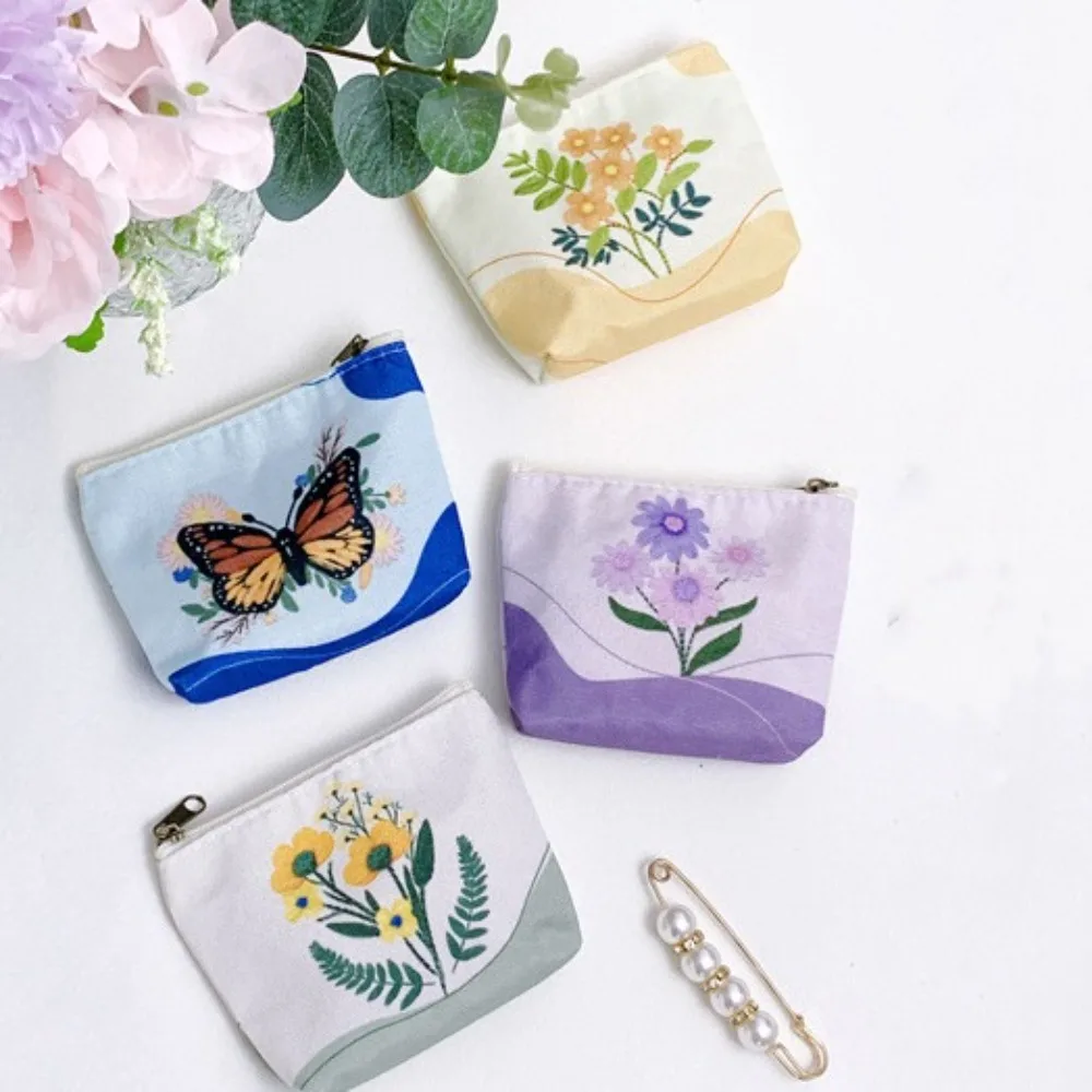 Mini Printed Coin Small Pouch Polyester Flower Canvas Zero Wallet Colorful Zipper Chinese Style Purse Travel