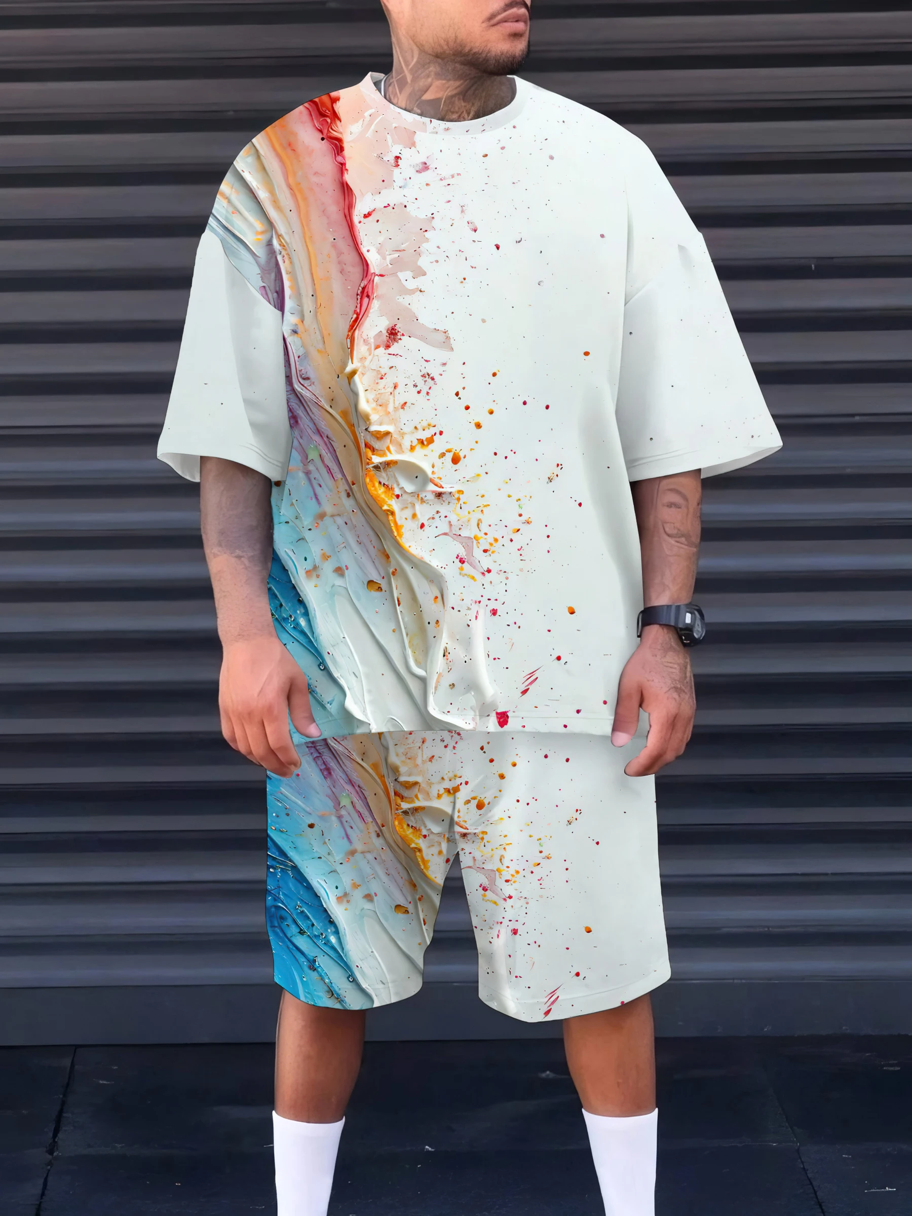 

Summer 2025 new casual and fashionable 3D color-printed polyester fiber lightweight and breathable men's set
