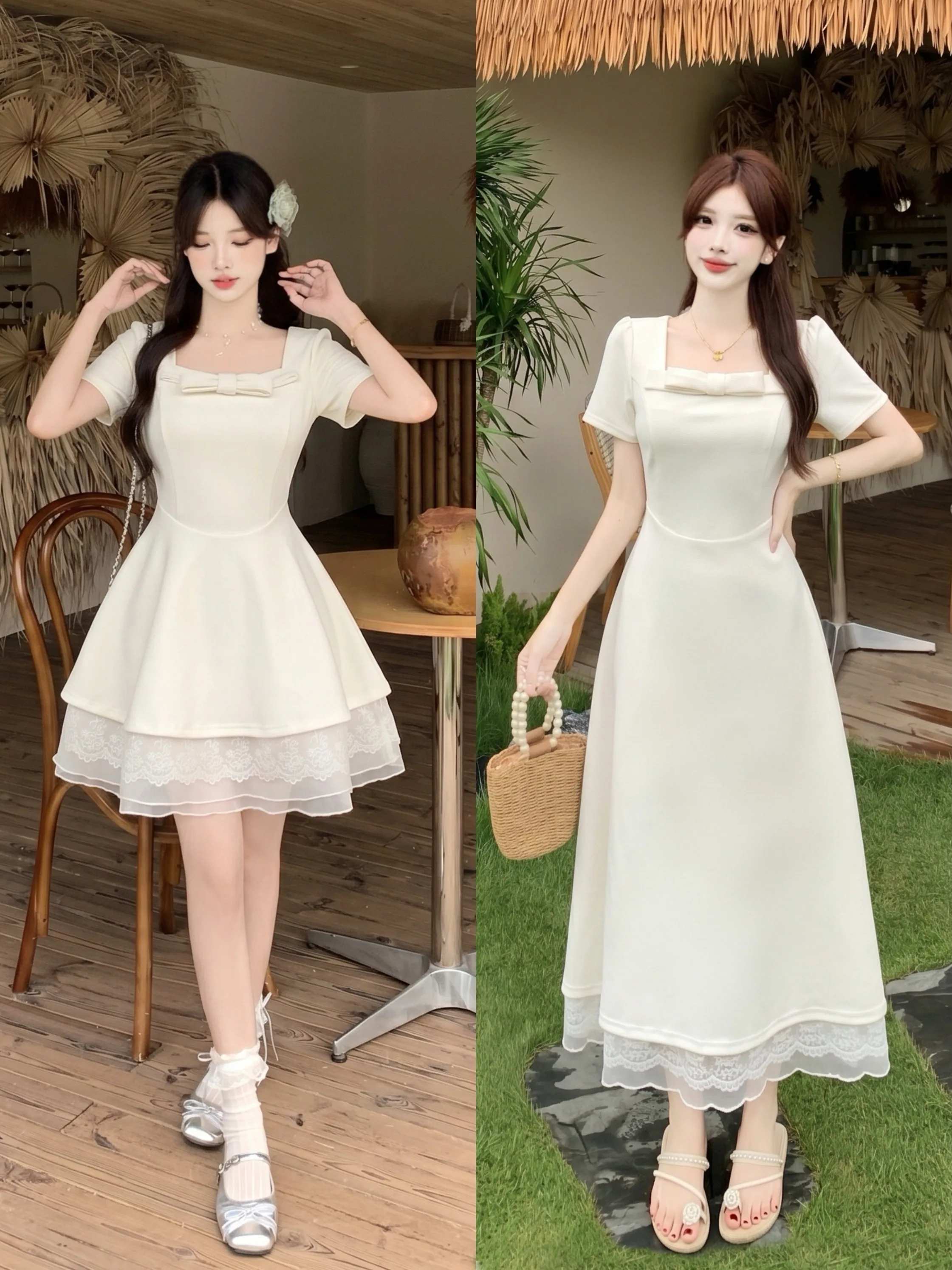 

plus Size Women's Lace Splice Knot Short Sleeve Dress A-Line Princess Skirt High Waist Commuter Style Summer New