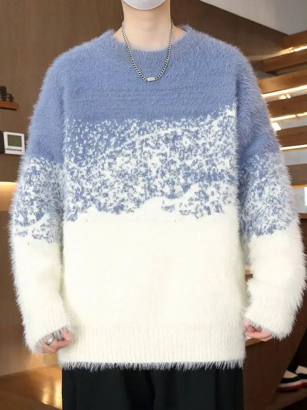 

Адутельно меняющий цвет, свободный круглый вязаный свитер для мужчин, новый зимний свитер, супер красивый, можно носить на улице