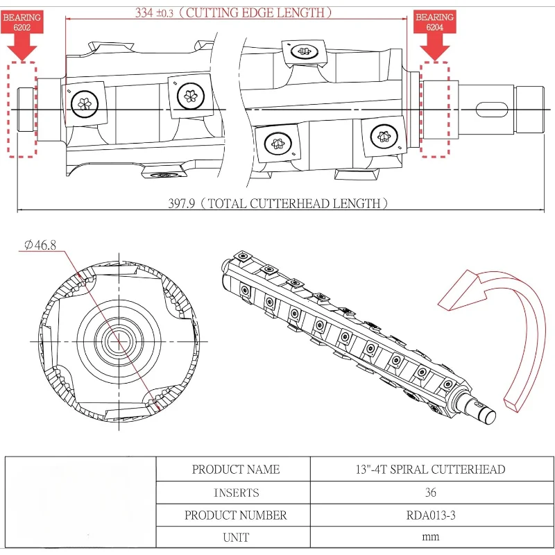 Woodworking Tool Spiral Cutter head and Helical cutterhead for Dewalt planer DW735 Without Removing Inserts