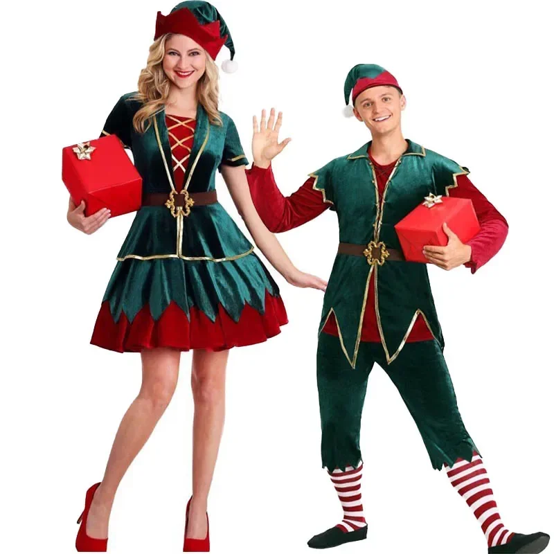 Deluxe Santa Claus Christmas Elf Costume Xmas Carnival Fancy Party Dress Green Couple Winter Warm Cosplay  Clothes