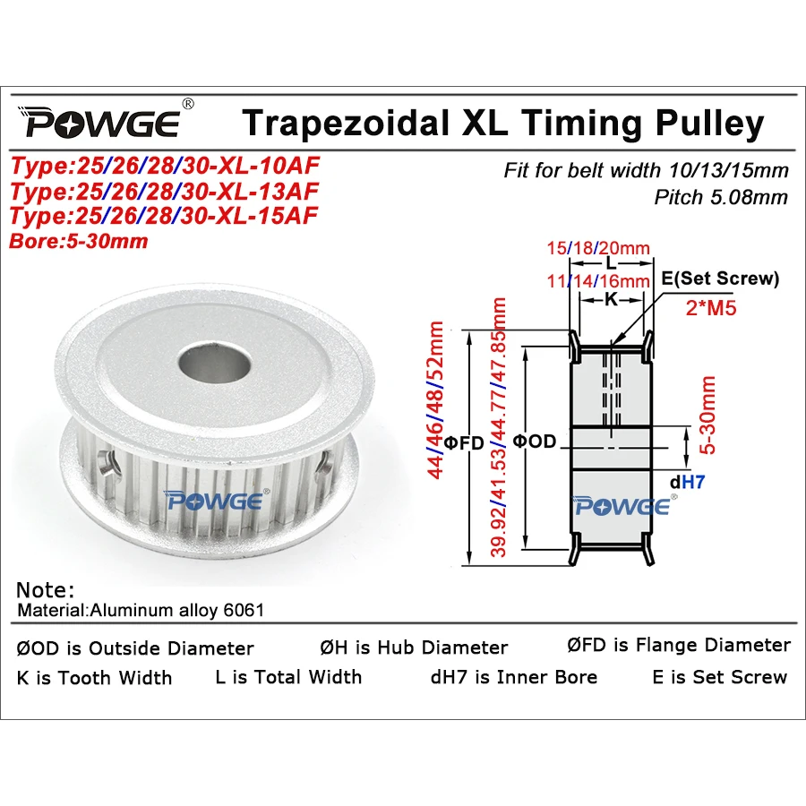 POWGE 25 26 28 30 teeth XL Timing Pulley Bore 5/6/6.35/7/8/10/12/14/15/16/17/18/19/30mm for Belt width 10/15mm 25T 26T 28T 30T