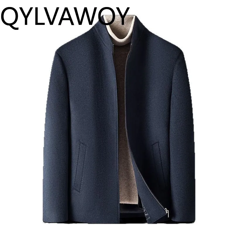 

QYLVAWOY Мужская куртка из 80% шерсти с воротником-стойкой, кашемировое пальто для мужчин, осенне-зимняя одежда, высококачественное деловое пальто