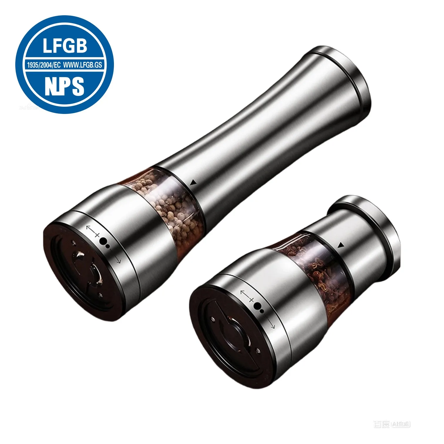 LFGB Certification 304 Stainless Steel Manual Kitchen Pepper Mill Thickness Adjustable Spice Grinder with Ergonomic Handle