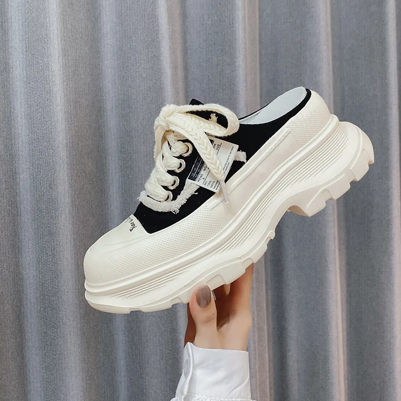 

7CM Women Shoes Fashion Korean Version Canvas Muller Slippers for Woman Comfort Sports Casual Shoes Designer Shoes Zapatos Mujer