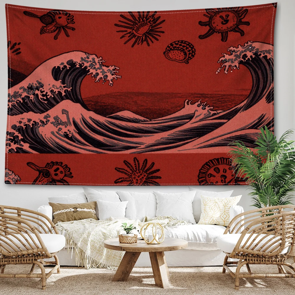 Red Sea Wave Sun Radiant Wall Tapestry, Traditional Boho Decor