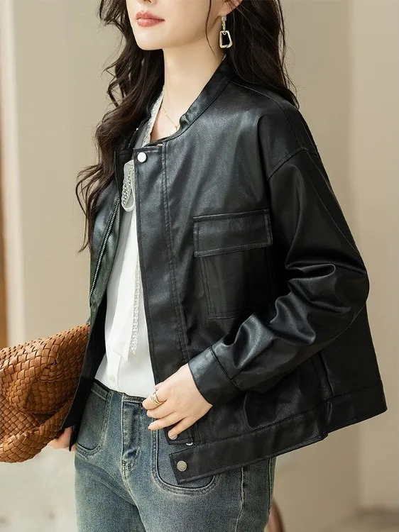 Women's ort Pure Color Jaet Versatile PU Leather Coat Casual Sle Long Sve Regular Length Autumn Winter Faion