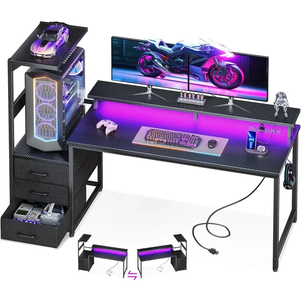 59 Inch Gaming Desk with USB Charging Ports & LED Light- Reversible Computer Desk with Storage Shelves & Monitor Stand, Mod