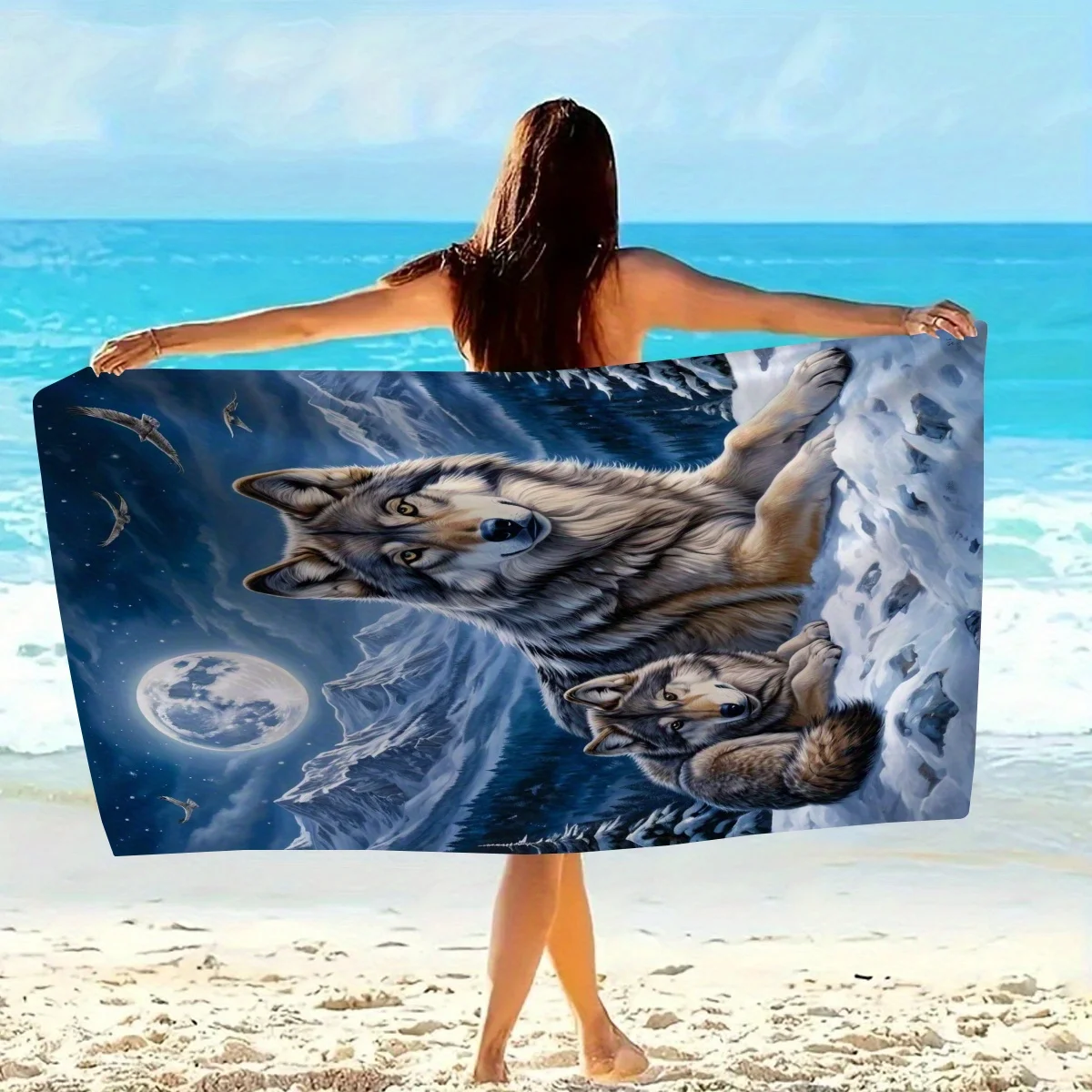 Large Wolf & Cub Under Full Moon Snowy Mountains Beach Towel Ultra-Soft Microfiber Quick-Dry Anti-Fade for Swimming Yoga Camping