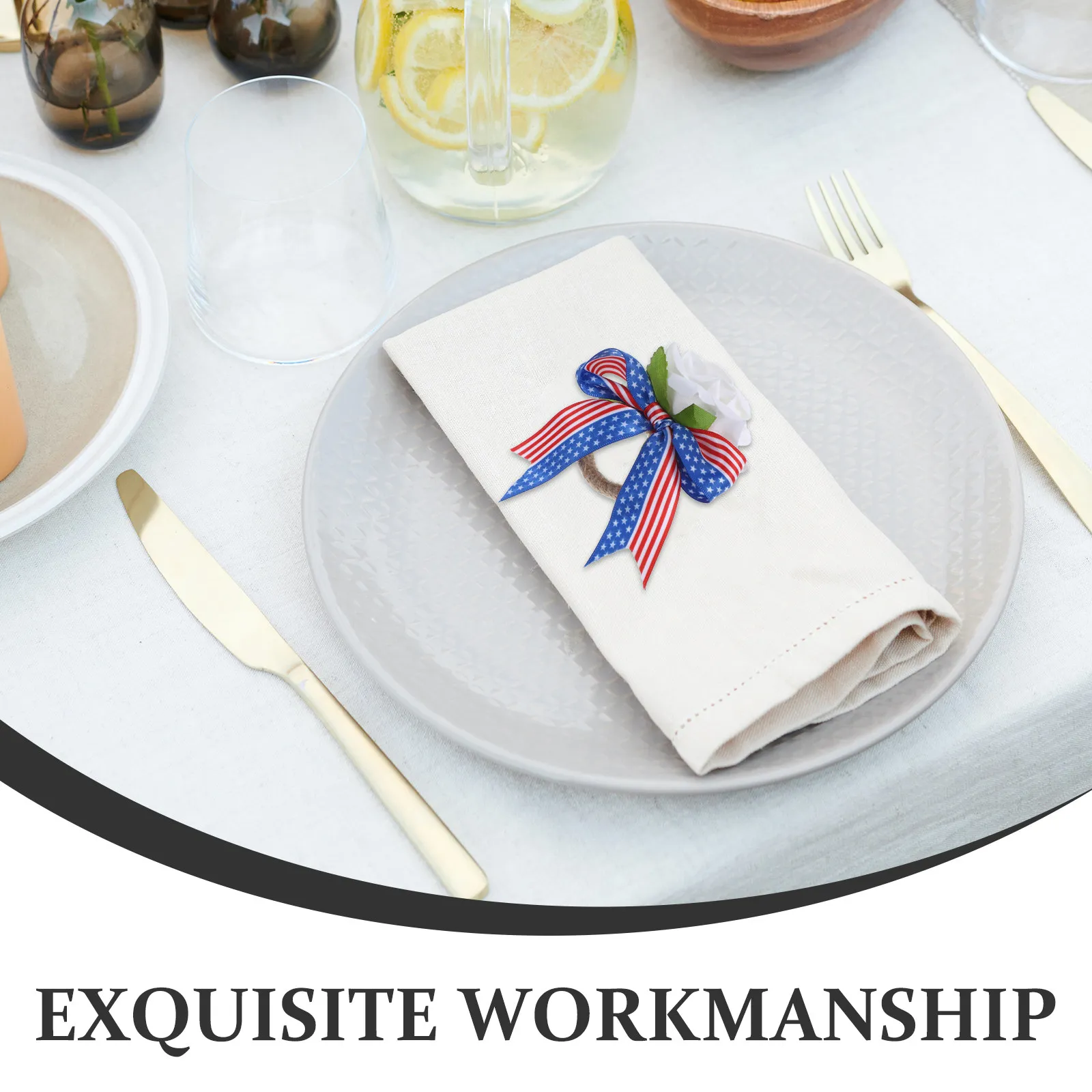 Napkin Ring Patriotic Independence Day Jute Rope Artificial Rose Decorative Serviette Buckle Dining Napkin Clasp Party Favor