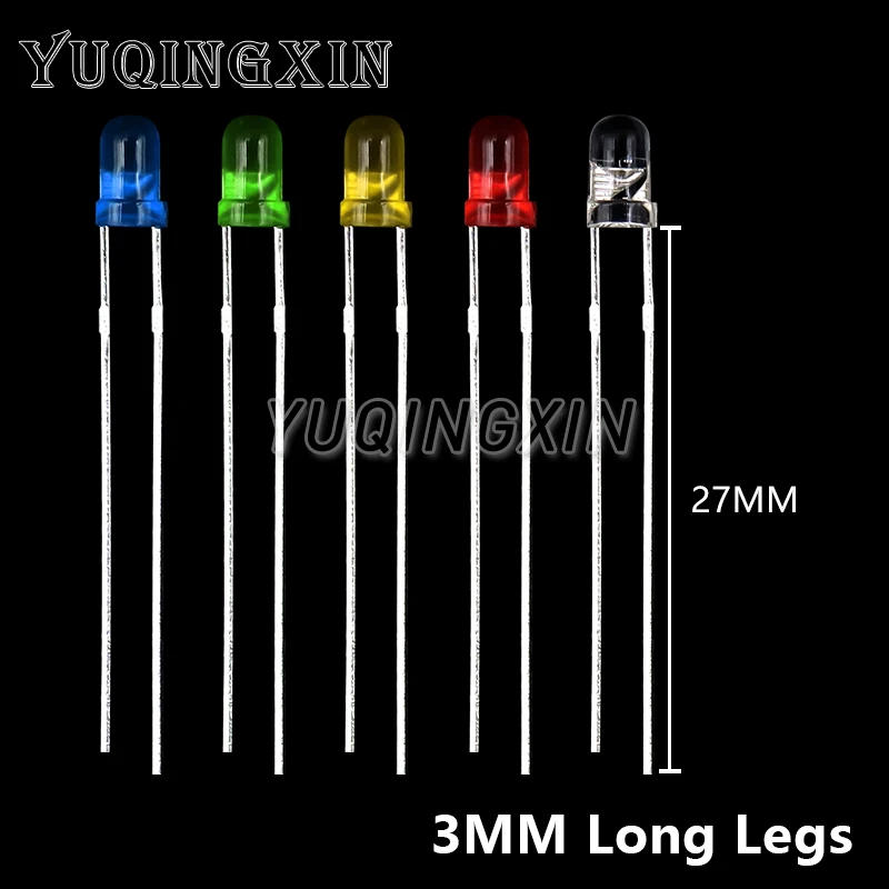 50pcs Long Leg 3MM 5MM LED White Green Red Blue Yellow Orange F5 28mm F3 27mm Length Light Emitting Diode