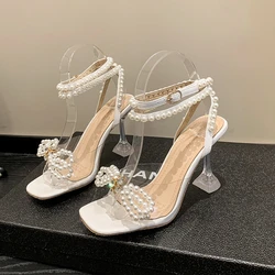 Women's Gladiator Sandals Sexy White Beaded High Heel Sandals 2023 Summer New Party Wedding Shoes Sandalias De Mujer