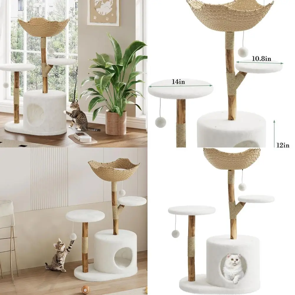 

GAOMON 46" Modern Cat Tree for Large Cats, Real Solid Wood Branch Luxury Cat Condo with Scratching Post and Cat Bed, Boho Aesthe