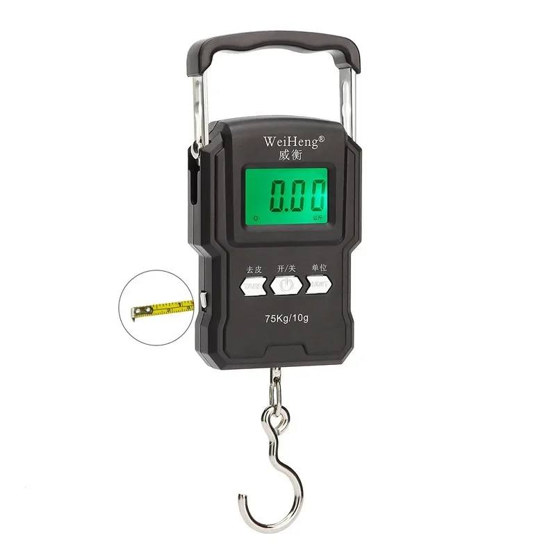 

75Kg/10g Electronic Balance Portable Luggage Scale LCD Digital Display Hanging Hook Scale with Measuring Tape for Fishing Travel