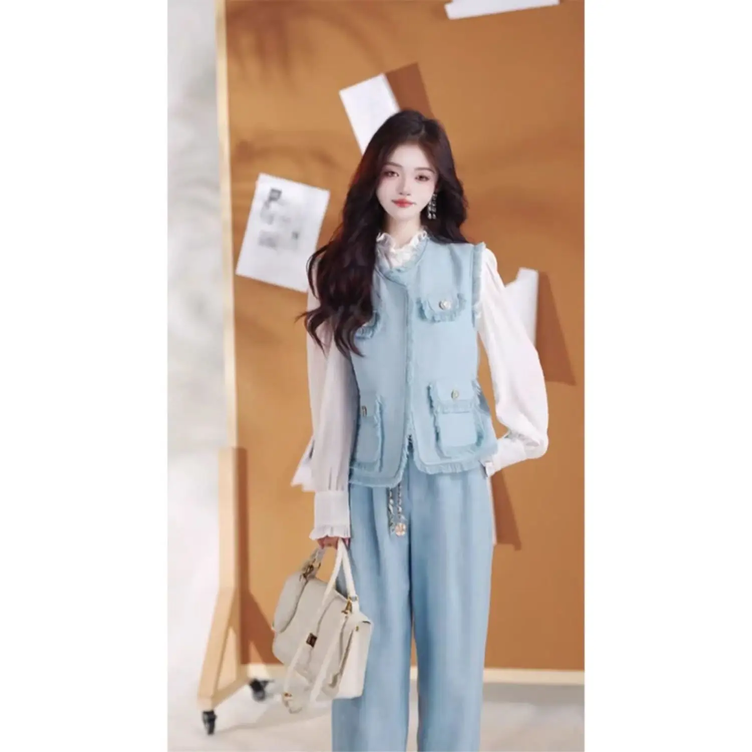 Spring and Autumn Fashion Women's Set New Korean Style Tank Top Reduced Age Pants Elegant Women's Three Piece Set