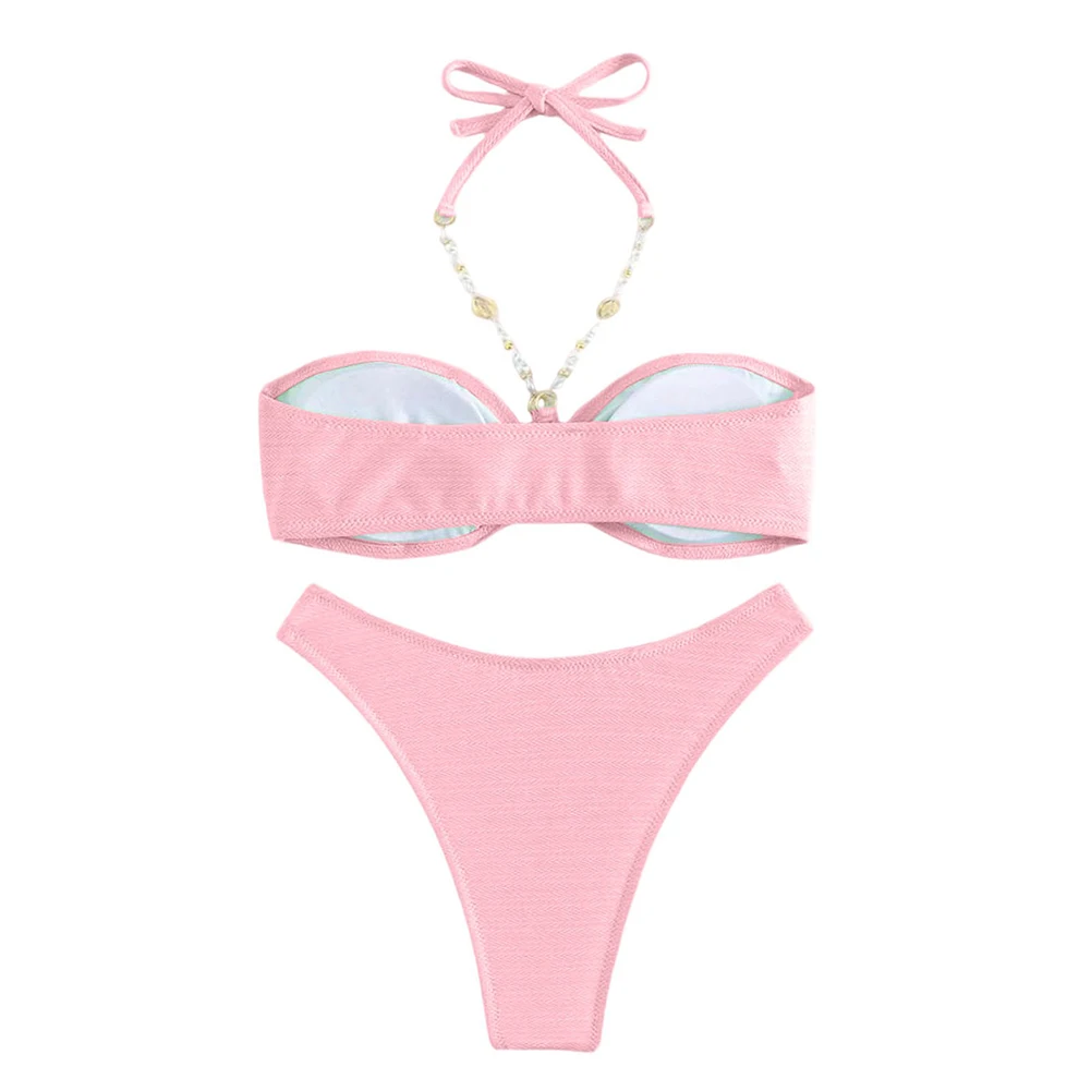 Two Piece Beach Swimsuit Set for Women with Halter Chain Top Split Design and Soft Stretch Polyester Swim Bottom