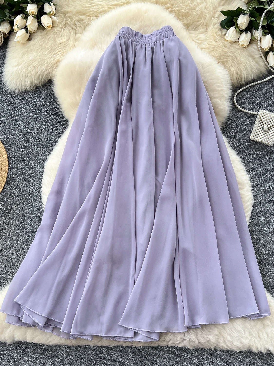 Ele High Waist A-Line Skirt Women's Summer Gentle Wind Aosphere Sensation Chiffon Skirt Korean Sle Office Commute