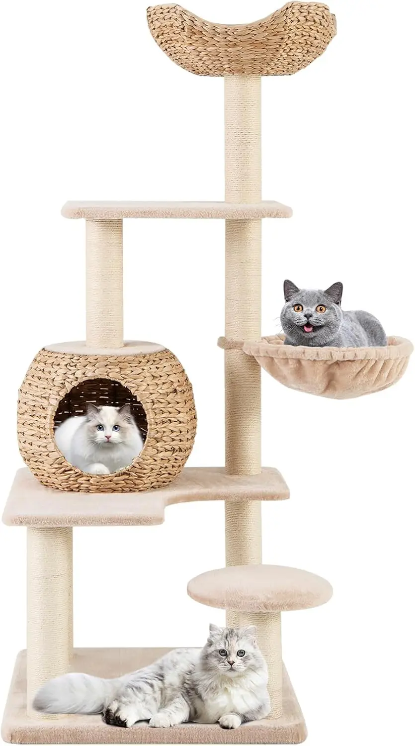 Tour d'arbre à chat en queue de chat, tour à plusieurs niveaux avec poteaux à gratter en sisal naturel, perchoir supérieur en condo pour chat, plates-formes de saut, 59 po