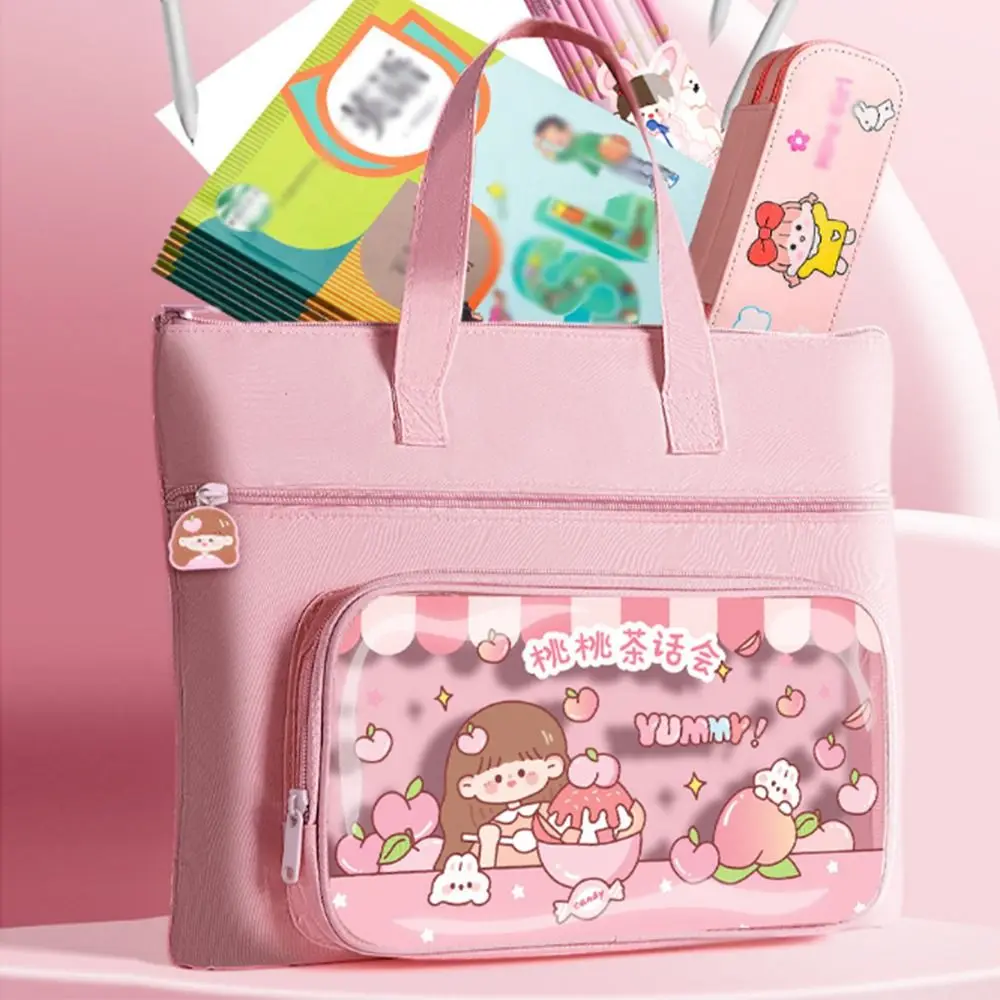 Kawaii Capybara Tote School Bag Cartoon Handheld Multi-layer File Organizer Canvas with Handle Book Storage Bag Office Supplies