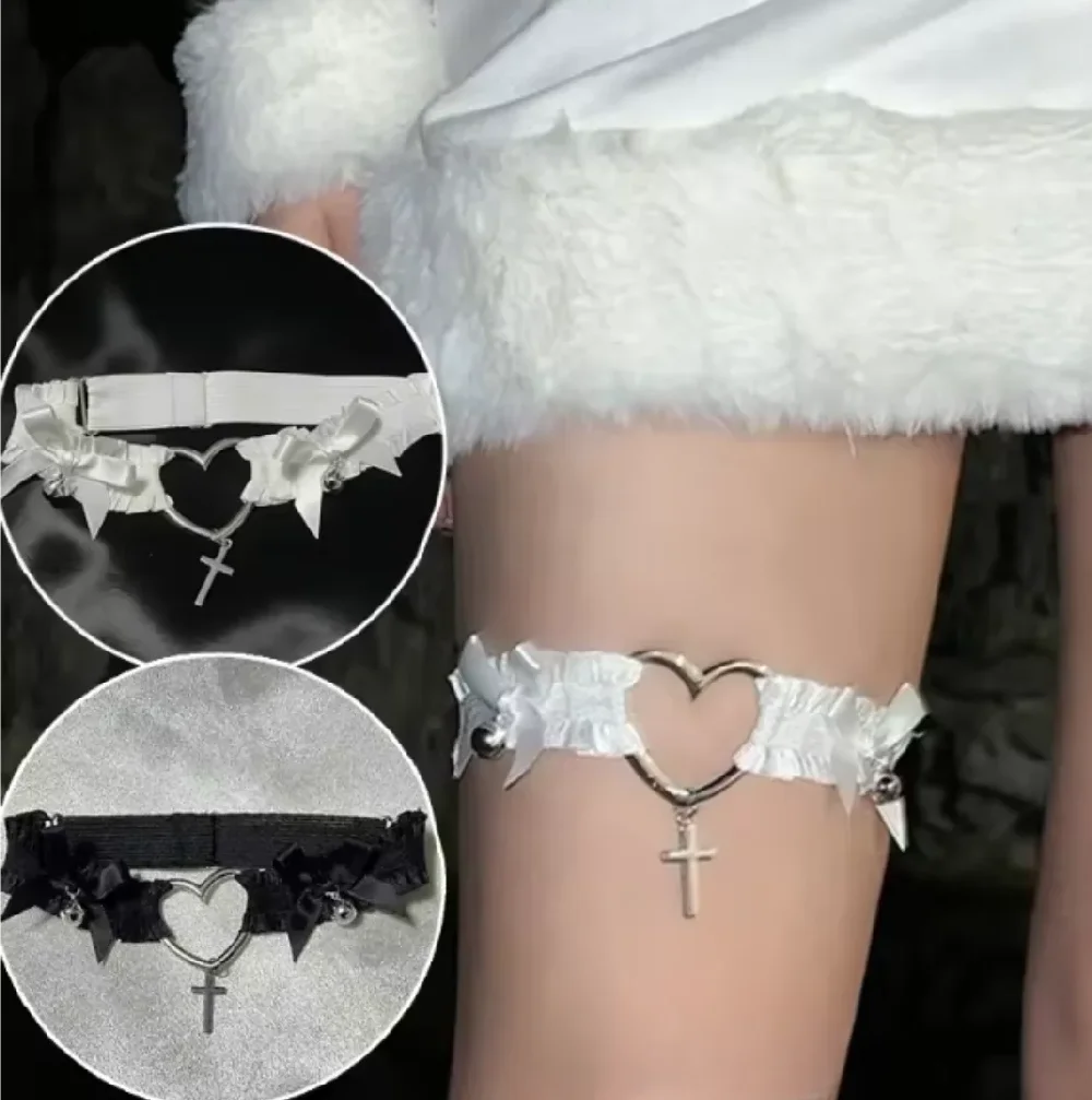 قابل للتعديل مطاطا الأربطة المختنق الساق الأشرطة مع القوس و الجوف القلب الصليب سحر الشرير تأثيري BDSM مثير الدانتيل اكسسوارات 1 قطعة