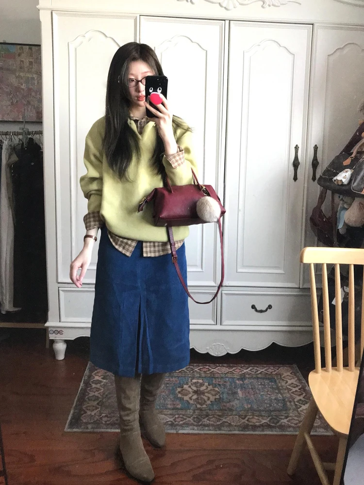 Retro Baby Blue Low Waist Straight Cut Pleated Button Corduroy Midi Skirt Women's Autumn Winter New Style City Commute Casual...