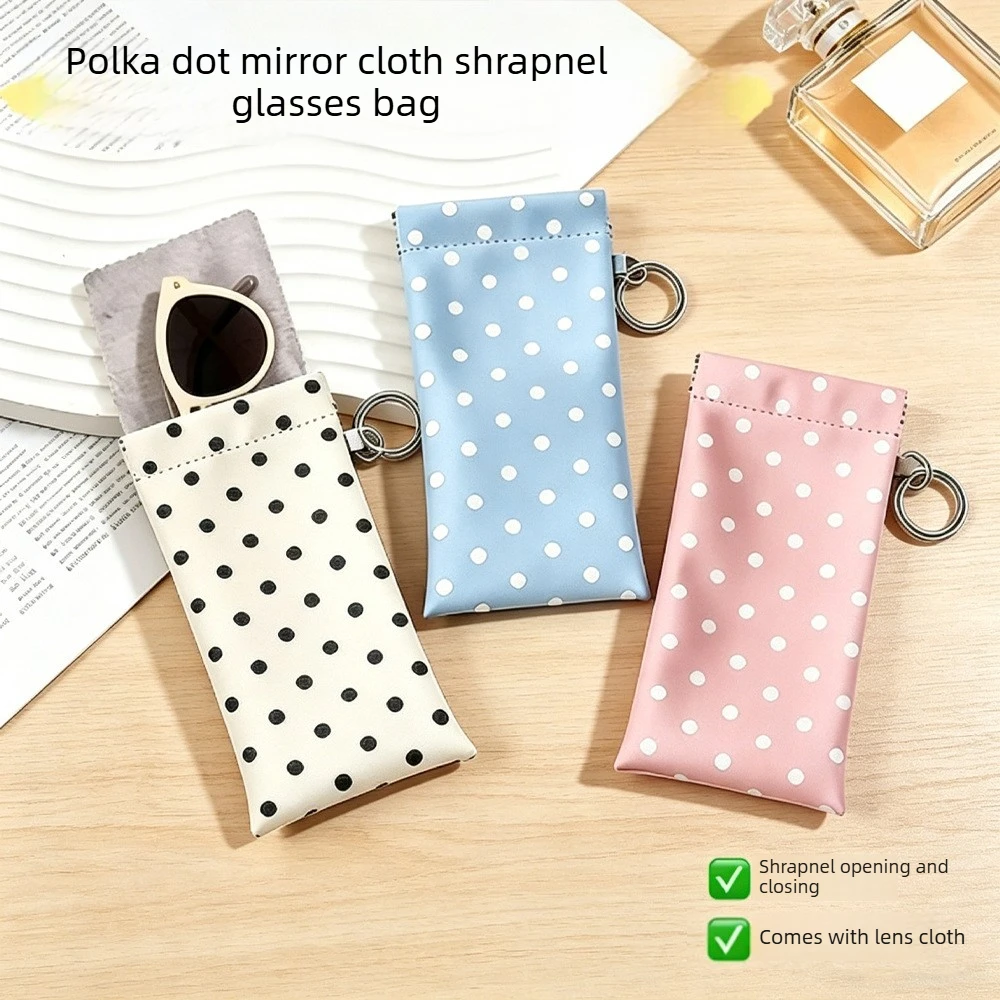 Fashion Polka Dot with Loop Glasses Bag Spring Clip Automatic Closure Glasses Case Travel Portable Storage Bag with Mirror Cloth