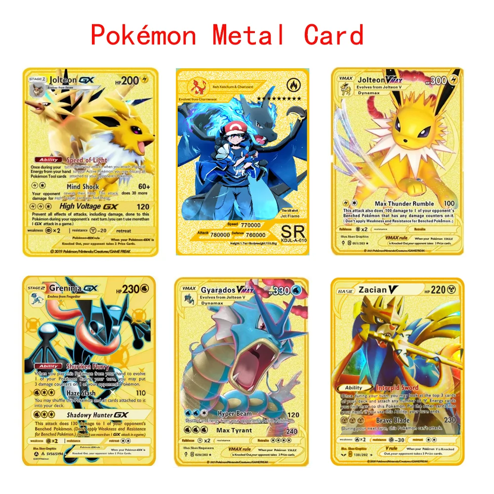 

Металлические карточки Pokemon на английском языке: аниме-персонажи Гренинжа, Чаризард, Мьюту, Бластойз Vmax, блестящие буквы, коллекционные игровые карты, детские игрушки, подарки
