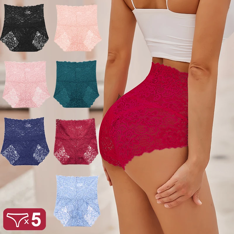 

5Pcs/Set Sexy High-Rise Lace Briefs Women Solid Color High Waist All-over Lace Floral Comfy Triangle Panties Stretchy Lingerie