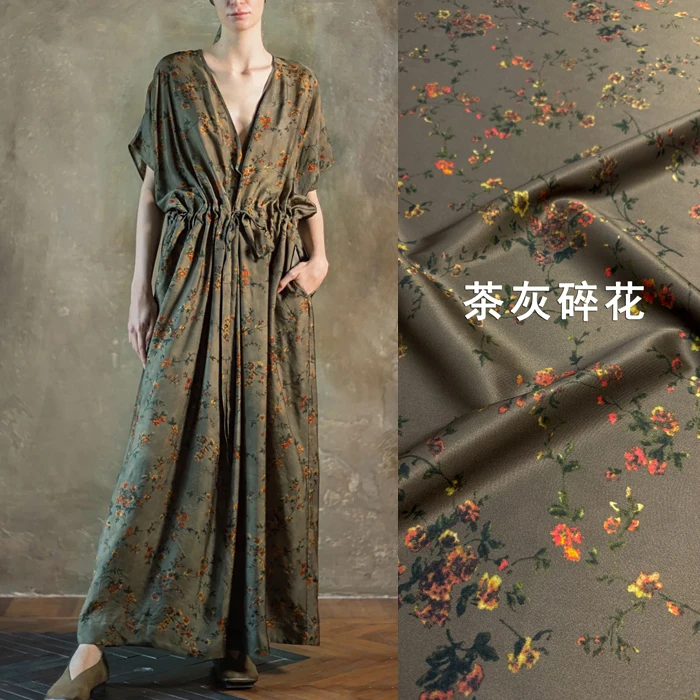 

3m Luxury Twill Silk Fabric gray brown floral 93% Mulberry Silk and 7% Spandex