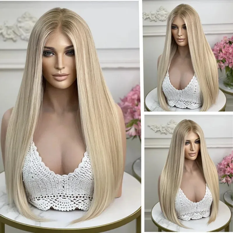 

HD Lace Wig Female Platinum Blonde with Ash Brown Roots Natural Wig Synthetic And Blend Lace Wigs Fibre Straight Free Part Wig