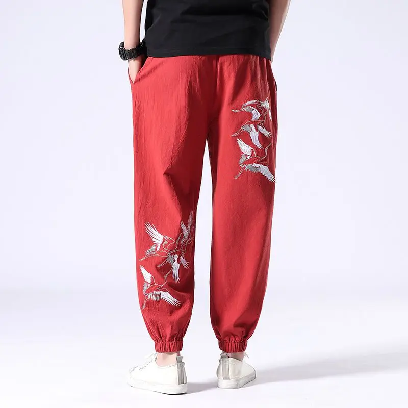 2023 New Spring and Summer Men's Vintage Chinese Crane Embroidery Loose Relaxed Oversize Chinese Style Linen Strap Crop Pants