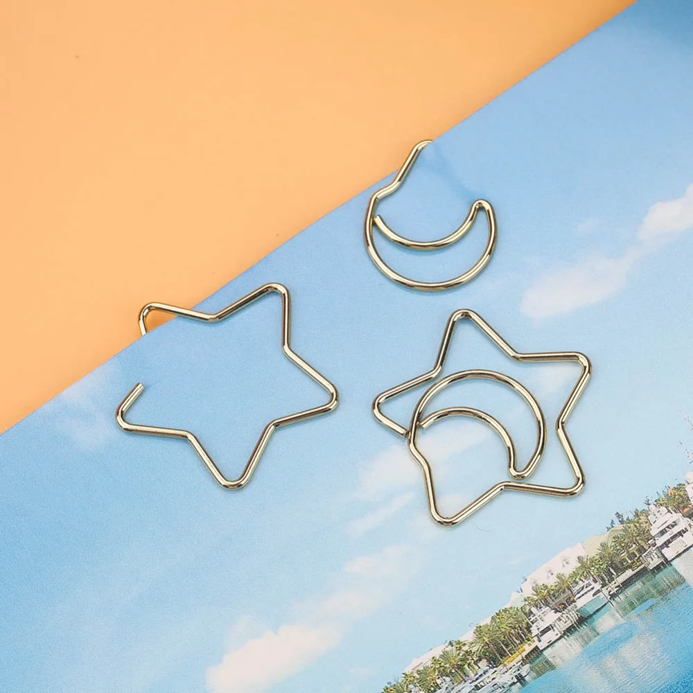 10PCS Bookmarks Iron Paper Clips Electroplating Star Moon Bookmark Clips Gold Office Clips Document Organizing