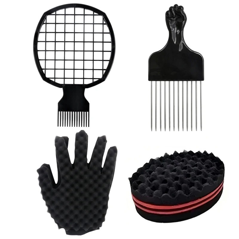Black Men Afro Barber Curly Hair Fork Comb Twist Hair Brush Curling Sponge Gloves Brush 2/4Pcs Set Hairdressing Styling Tools