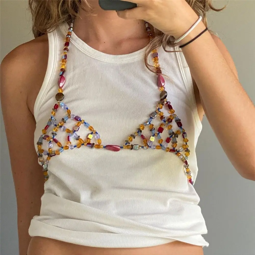 New Handmade Beaded Gemstone Necklace European & American Summer Beach Vacation Halter Necklace Openwork Beach Cover-Up