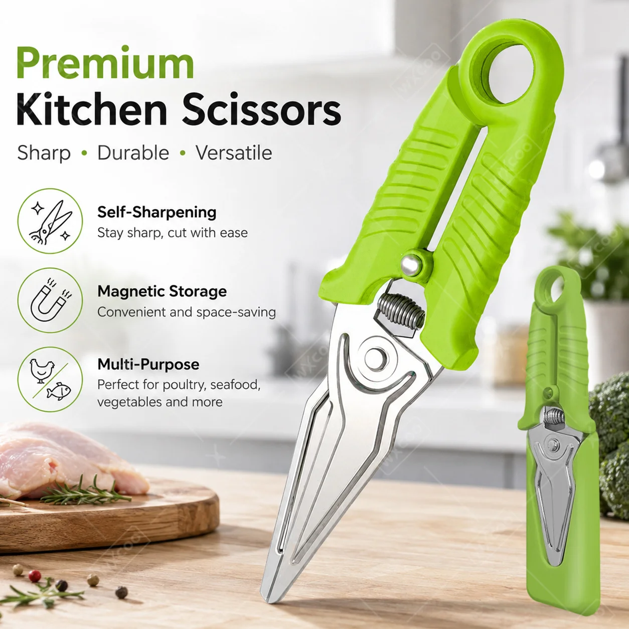 WXCOO Magnetische Küchenschere mit Sicherheitsabdeckung, Tragbare Hochleistungs-Edelstahlschere für Gemüse, Obst und Kräuter