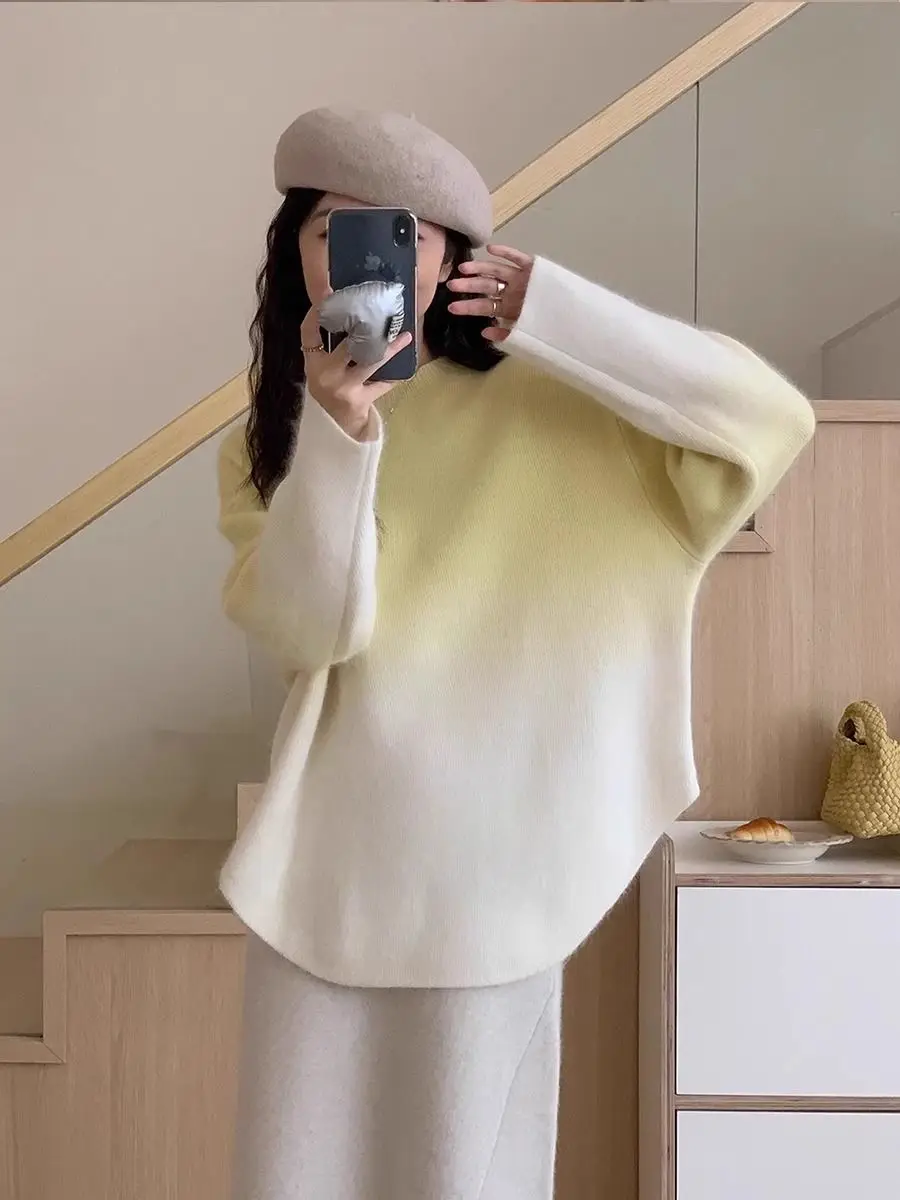 Korean Fashion Gradient Sweater Woman Pullovers Loose O Neck Knitwear Jumper Female Long Sleeve Soft Knit Women Sweater