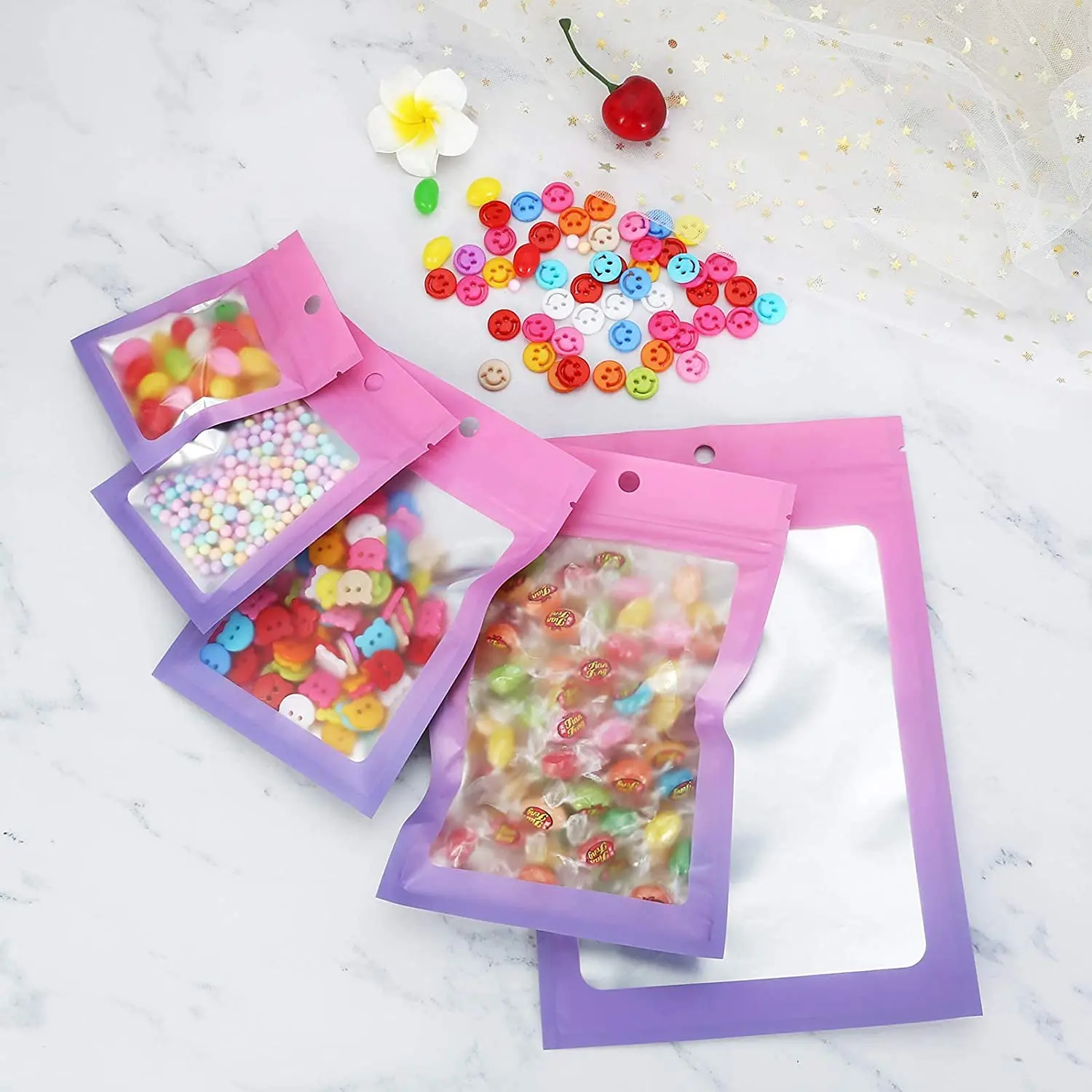 50Pcs Gradient Rainbow Color Ziplock Bags with Clear Window Thicken Plastic Resealable Pouch for DIY Jewelry Display Packaging