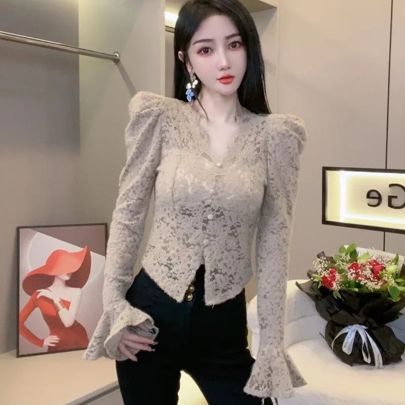 Maillard V-neck Lace Shirts Women Long Flare Sleeve Slim All-match Spring Autumn Tops Elegant Graceful Chic Basic Daily Gentle