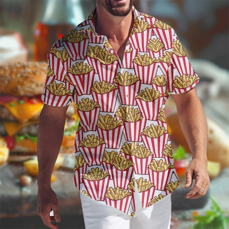 

Hamburger Fries Graphic Shirts For Men Clothes Fashion Fastfood Lapel Blouse Funny Food Aloha Beach Shirt Male Streetwear Tops