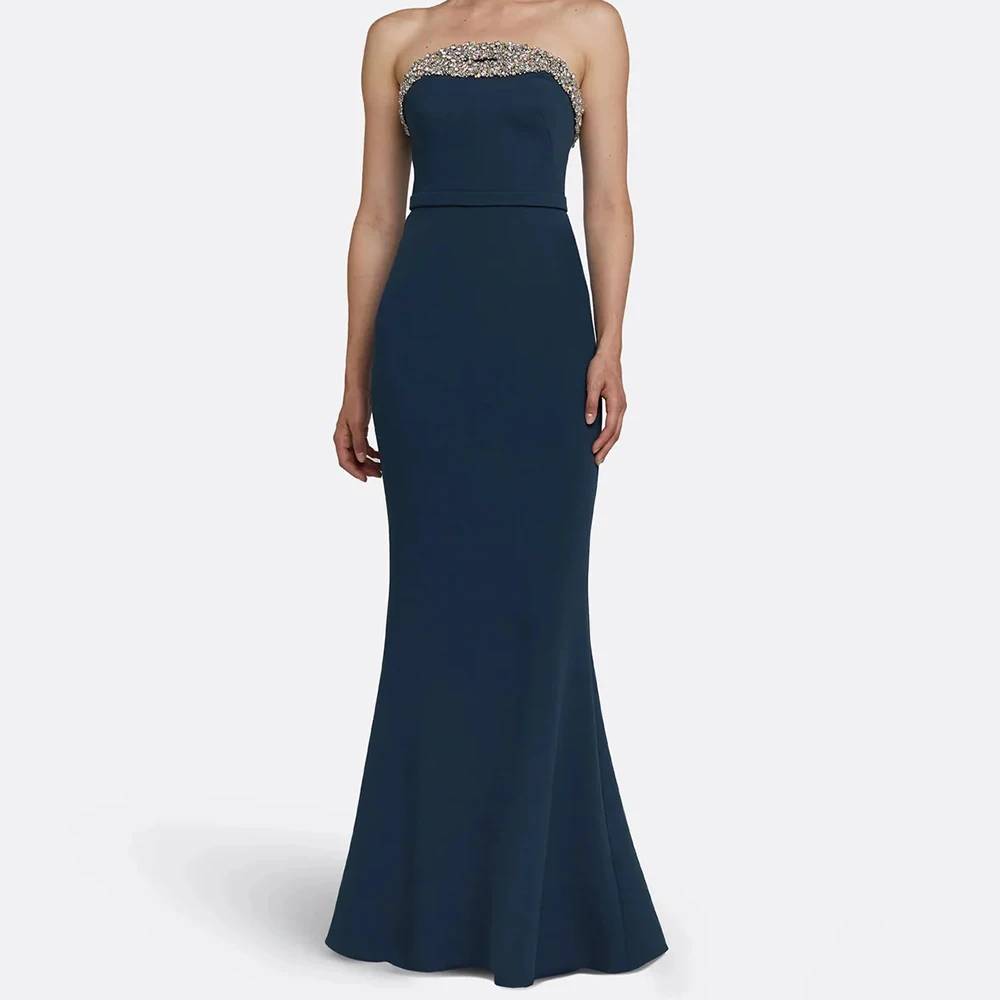 Vestidos de noche de corte A para mujer, vestido de fiesta sin tirantes hasta el suelo, sin mangas, vestidos personalizados con espalda descubierta drapeados de cristal a la moda