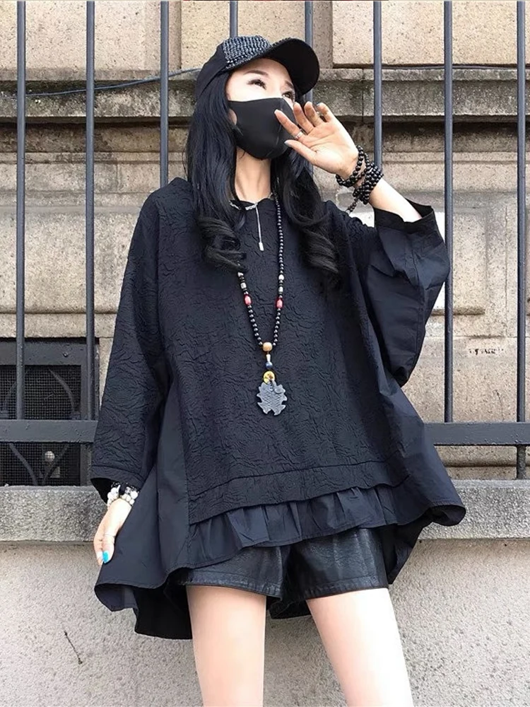 Max LuLu Fashion Womens O-Neck Design Black Punk T-shirts 2024 Spring European Style Patchwork Gothic Loose Tops Casual Clothes