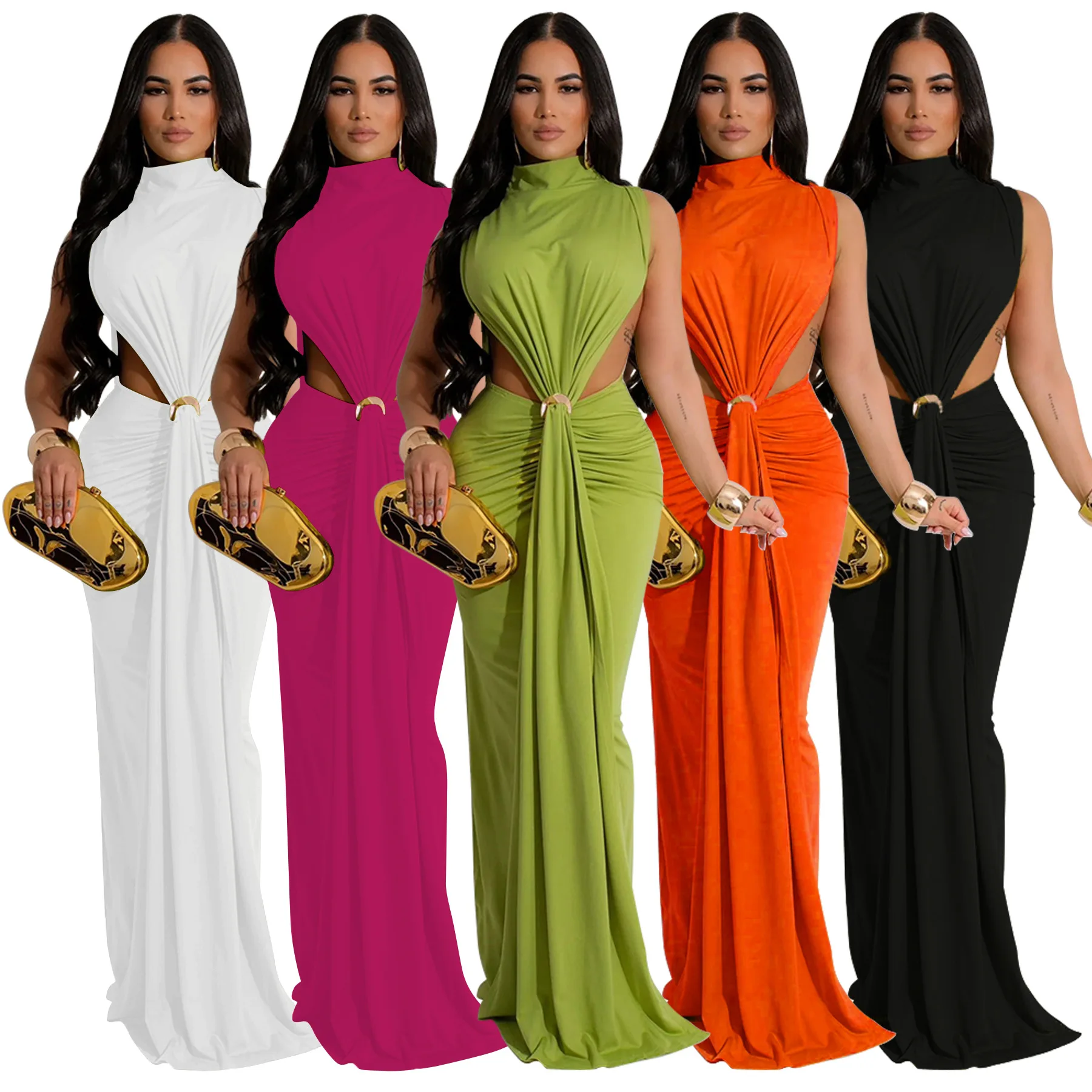 Sexy Asymmetrical Sleeveless Long Dress Cross-Border Women's Fashionable Color-Block High-Waist Gown Perfect for Dates